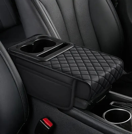 Car Armrest Cushion with Cup Holder & Storage Box – PU Leather Center Console Organizer Cover | Universal Fit