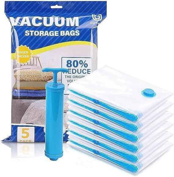 5-Pack Vacuum Storage Bags with Hand Pump – Space-Saving Compression Bags for Bedding & Clothes